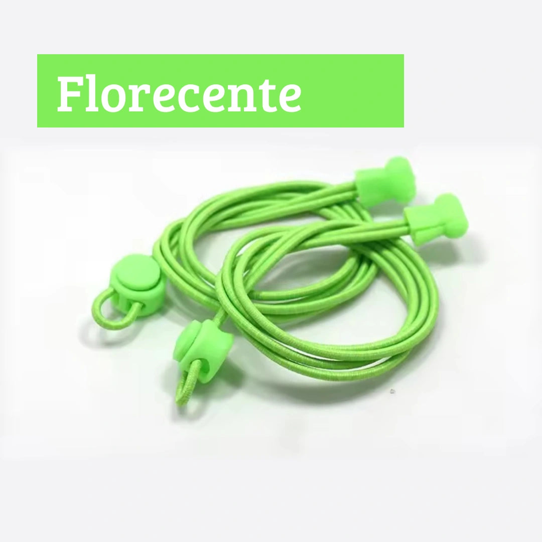 Cordones elásticos para zapatillas minimalistas color verde fluorescente marca Sowilo, pasadores con tancas de ajuste rápido que liberan la presión en pies con empeine alto en Chile.
