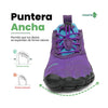 Vista frontal zapatilla deportiva púrpura, amplia caja de dedos y cordones rápidos.