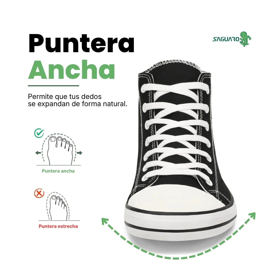 Vista frontal zapatilla barefoot mujer negra con puntera ancha de goma.