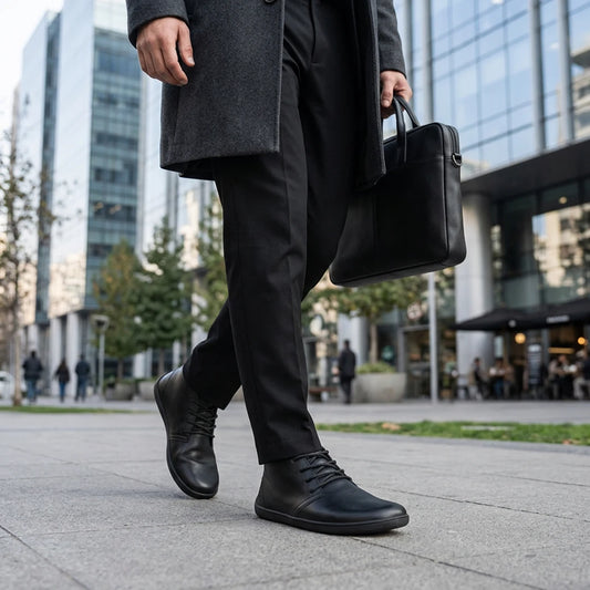 Hombre sentado usando zapatos minimalistas formales Saguaro Noble I. 