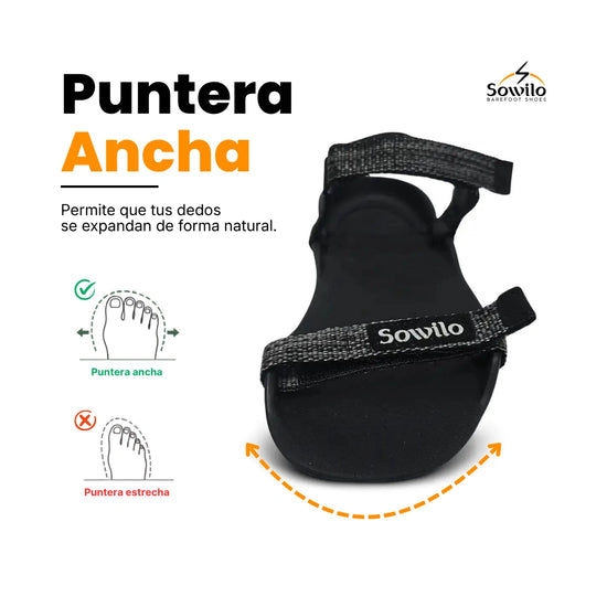 Sandalia barefoot Sowilo Raido negra vista superior mostrando diseño minimalista y ligero.