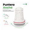 Zapatillas anchas de lona blanca con horma anatómica que permite expandir los dedos.